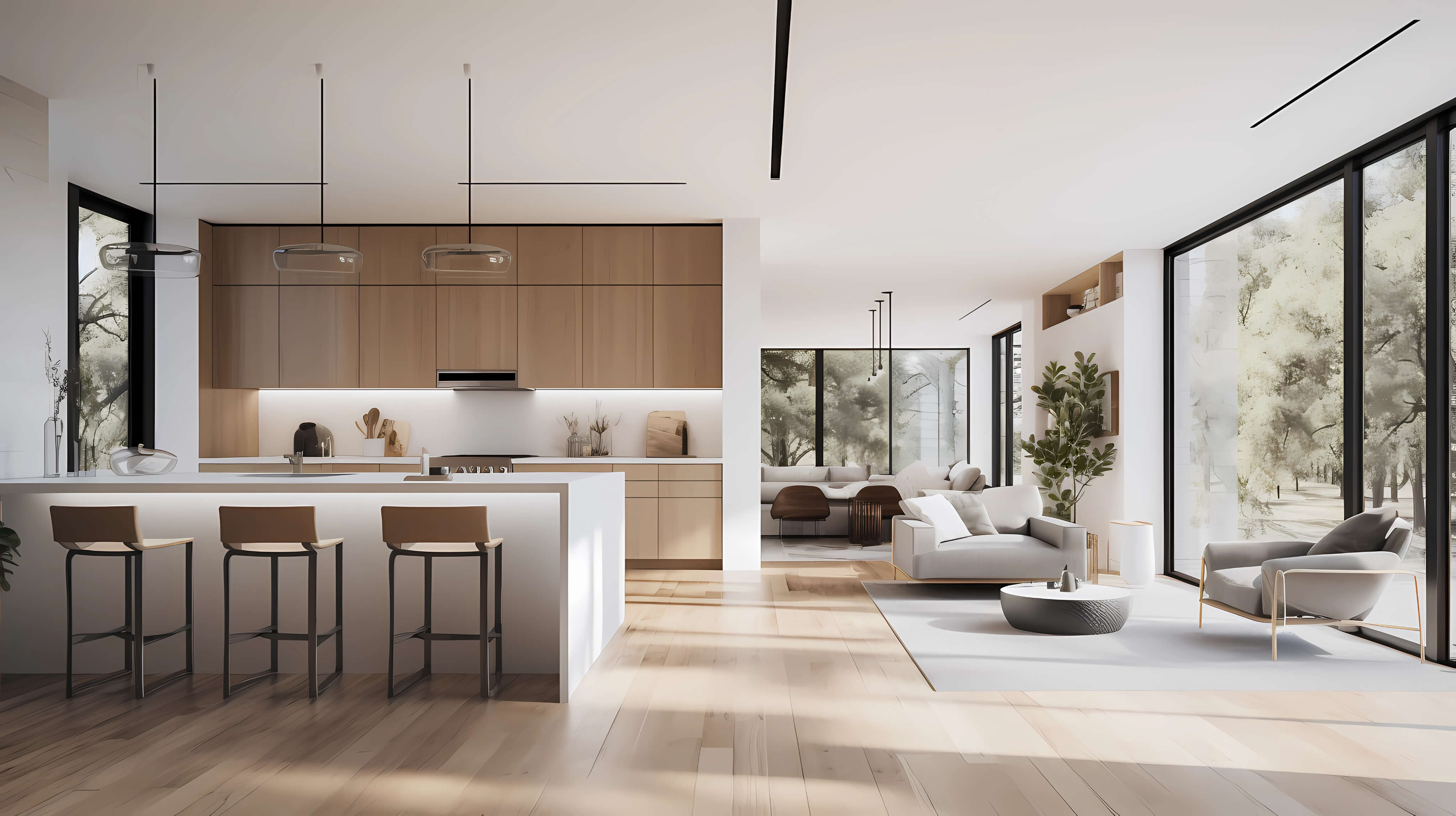 Cozinha gourmet integrada com bancada em mármore e iluminação natural